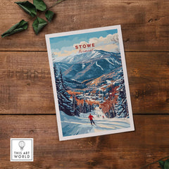 Stowe Mountain Range poster showcasing a skier on snowy slopes with Vermont mountains in the background, perfect alpine wall art.