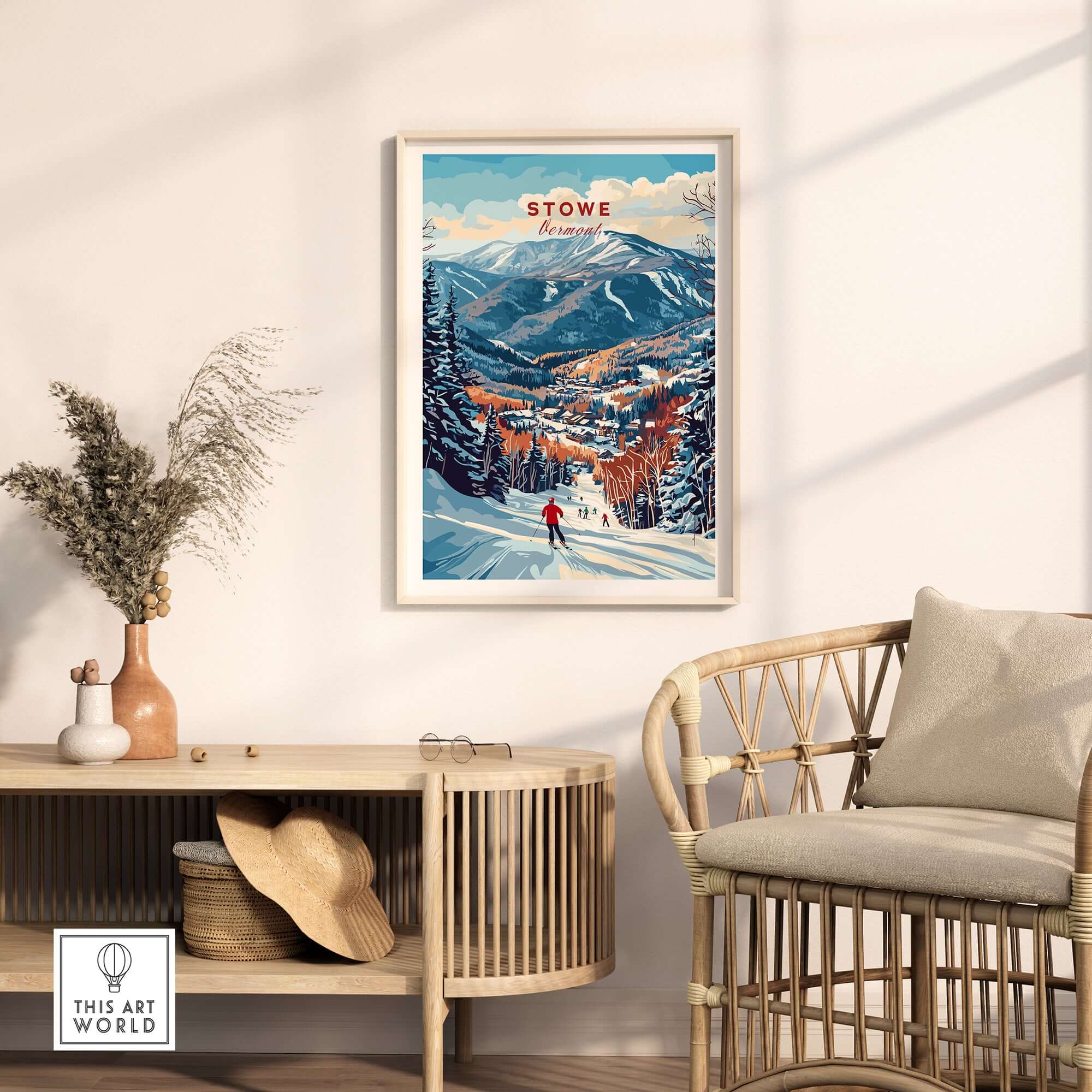 Stowe Mountain Range poster showcasing Vermont skiing, perfect alpine wall art for ski enthusiasts.