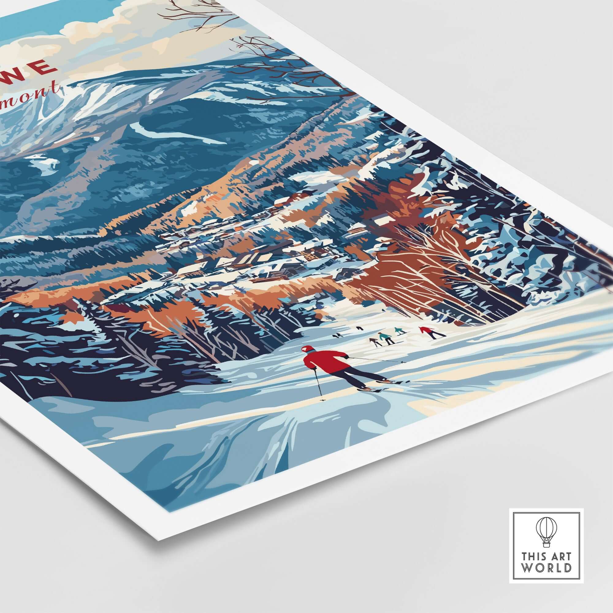 Stowe Mountain Range poster featuring skiing and alpine scenery in vibrant colors, ideal for ski enthusiasts.
