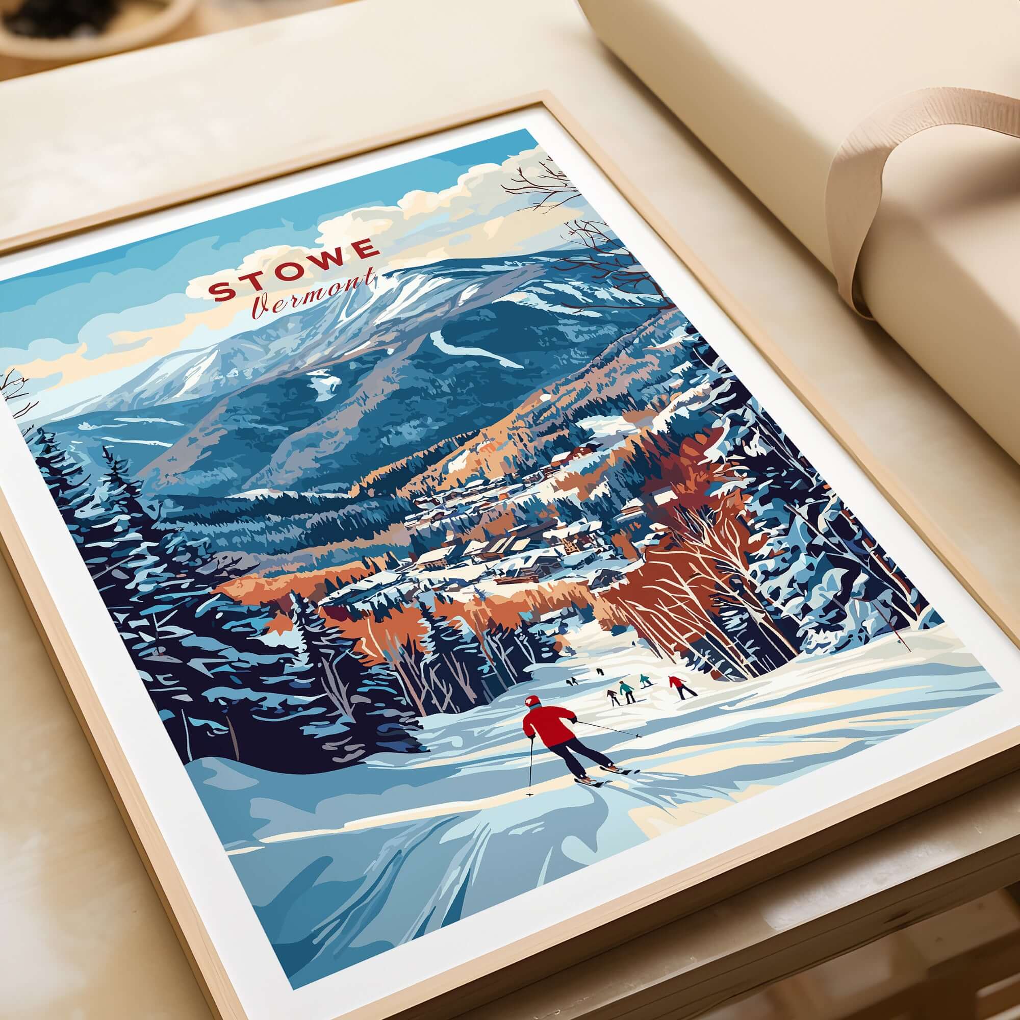Stowe Mountain Range poster depicting a skier in a vibrant Vermont alpine landscape, perfect wall art for ski enthusiasts.