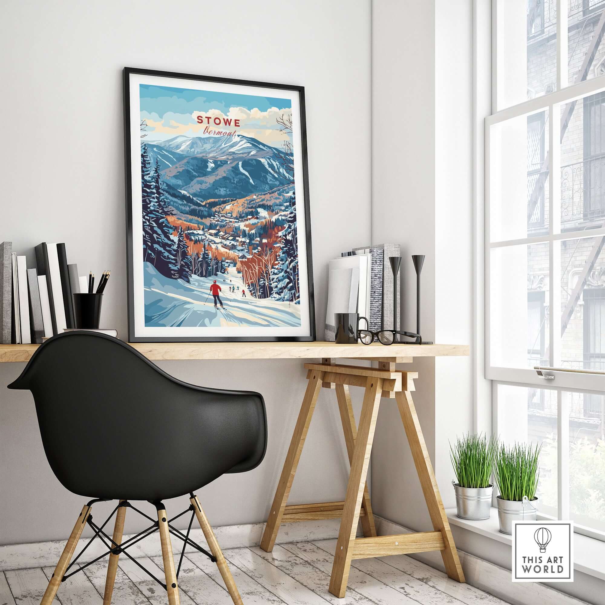 Stowe Mountain Range poster displayed in a modern home office, showcasing Vermont skiing scenery and alpine beauty.