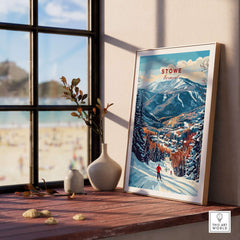 Stowe Mountain Range poster showcasing alpine skiing scenery, perfect for wall art decor in a cozy home setting.