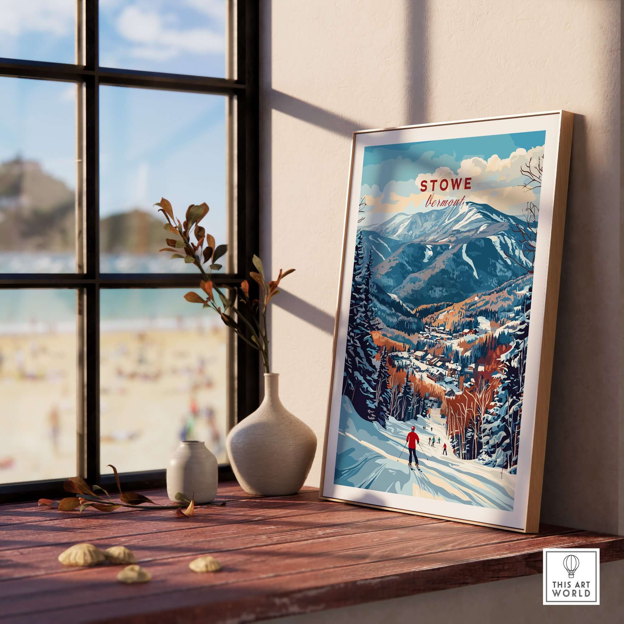 Stowe Mountain Range poster showcasing alpine skiing scenery, perfect for wall art decor in a cozy home setting.