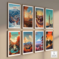 Gallery wall showcasing travel posters including Stowe, Paris, Barcelona, London, Amsterdam, Florence, Tokyo, and Angkor Wat.