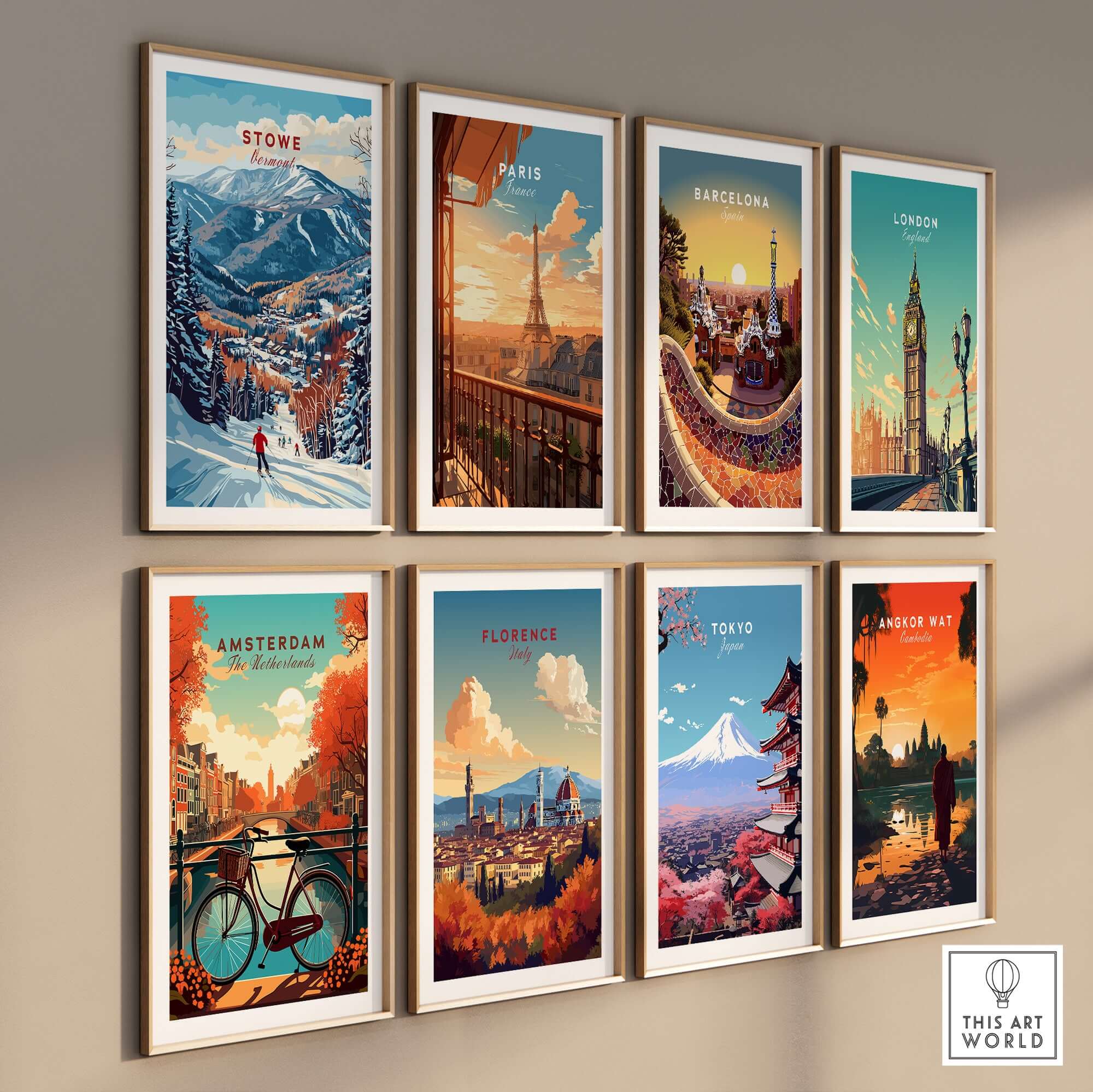 Gallery wall showcasing travel posters including Stowe, Paris, Barcelona, London, Amsterdam, Florence, Tokyo, and Angkor Wat.