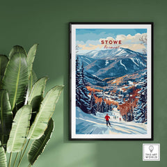 Stowe Mountain Range poster showcasing vibrant Vermont skiing scene and alpine beauty, perfect alpine wall art.