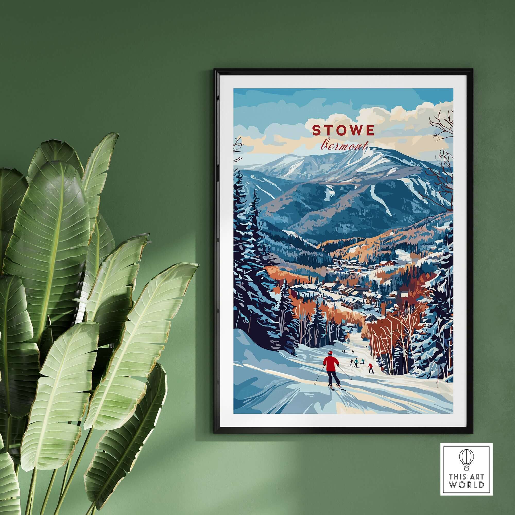 Stowe Mountain Range poster showcasing vibrant Vermont skiing scene and alpine beauty, perfect alpine wall art.