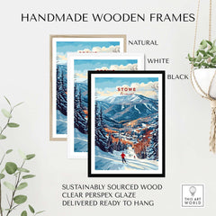 Handmade wooden frames for Stowe Mountain Range poster in natural, white, and black finishes.