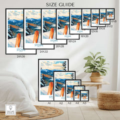 Size guide for Stowe Valley ski wall art prints in various dimensions showcasing vibrant winter landscapes.