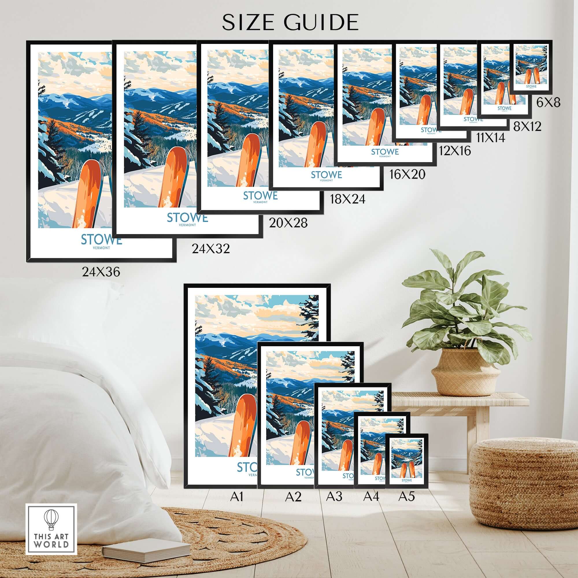 Size guide for Stowe Valley ski wall art prints in various dimensions showcasing vibrant winter landscapes.