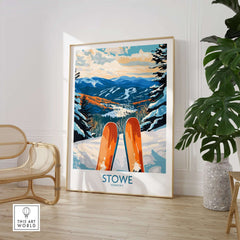 Stowe Valley ski wall art, vibrant Vermont winter landscape print, cozy ski season decor.