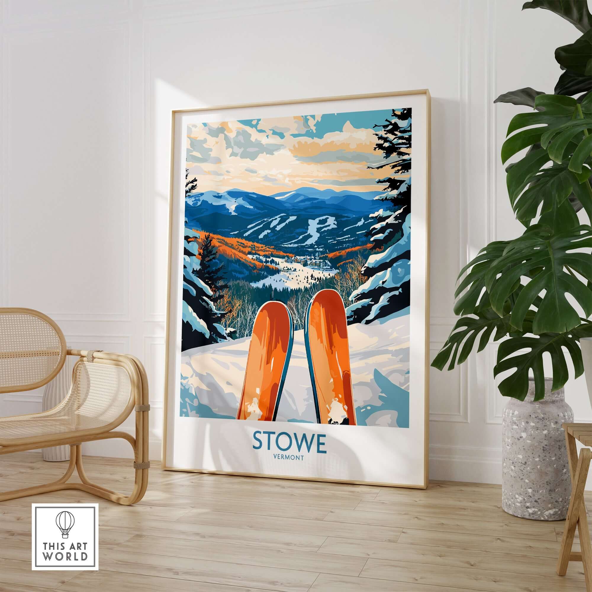 Stowe Valley ski wall art, vibrant Vermont winter landscape print, cozy ski season decor.