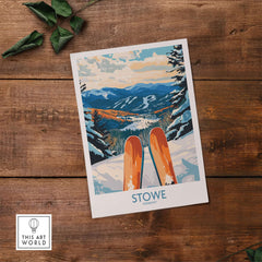 Stowe Valley ski wall art print showcasing vibrant Vermont winter landscape with skis in foreground.