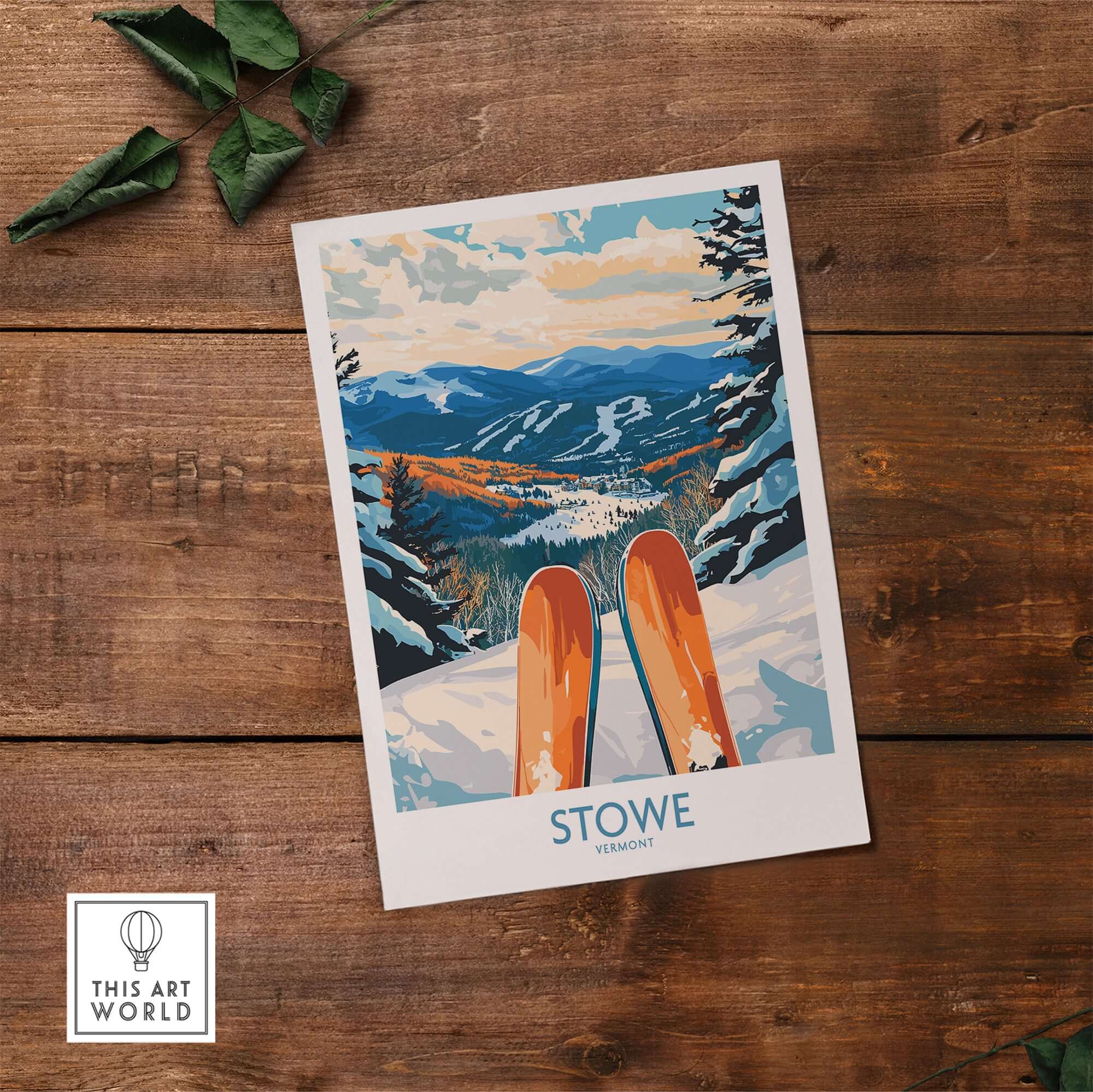 Stowe Valley ski wall art print showcasing vibrant Vermont winter landscape with skis in foreground.