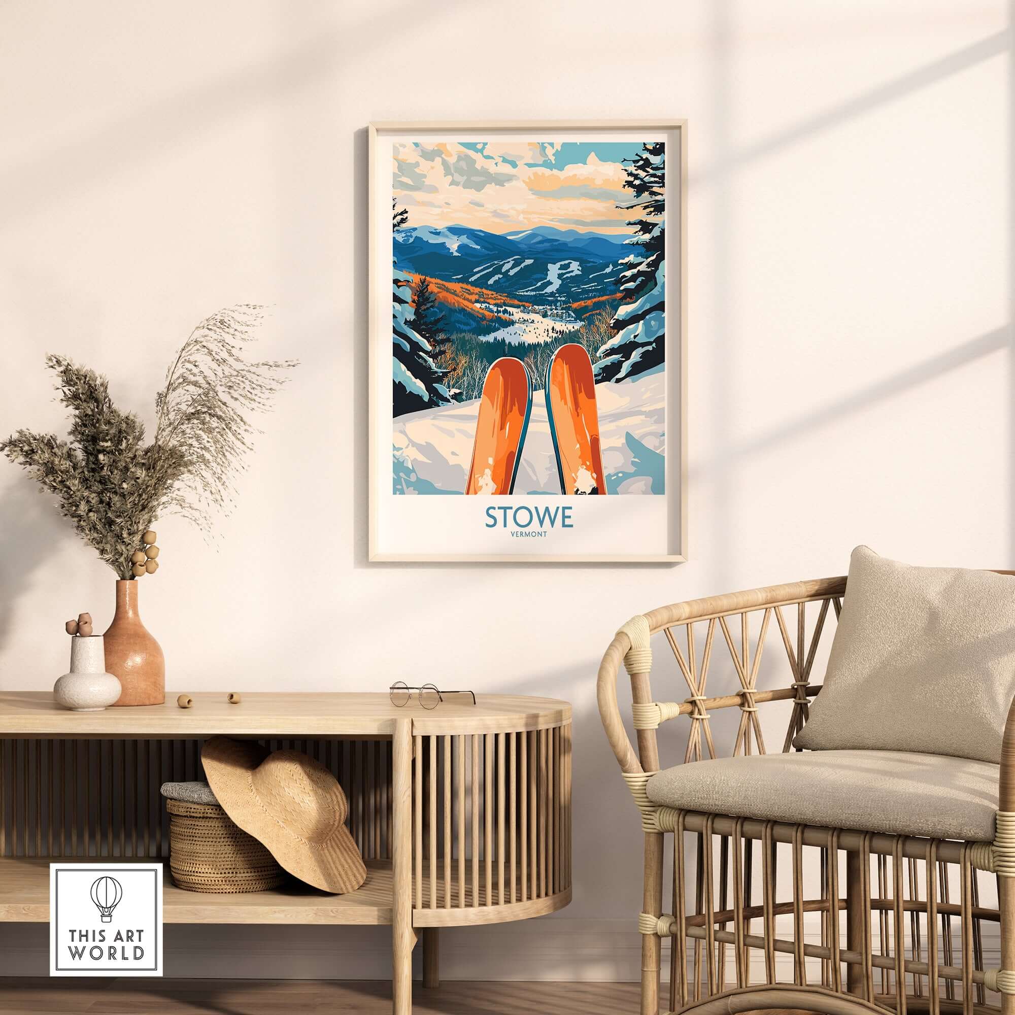 Stowe Valley ski wall art featuring vibrant winter landscape print, perfect for ski season decor in a cozy living space.