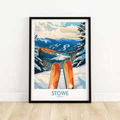 Stowe Valley ski wall art featuring vibrant winter landscape and skis in snow, perfect for ski season decor.