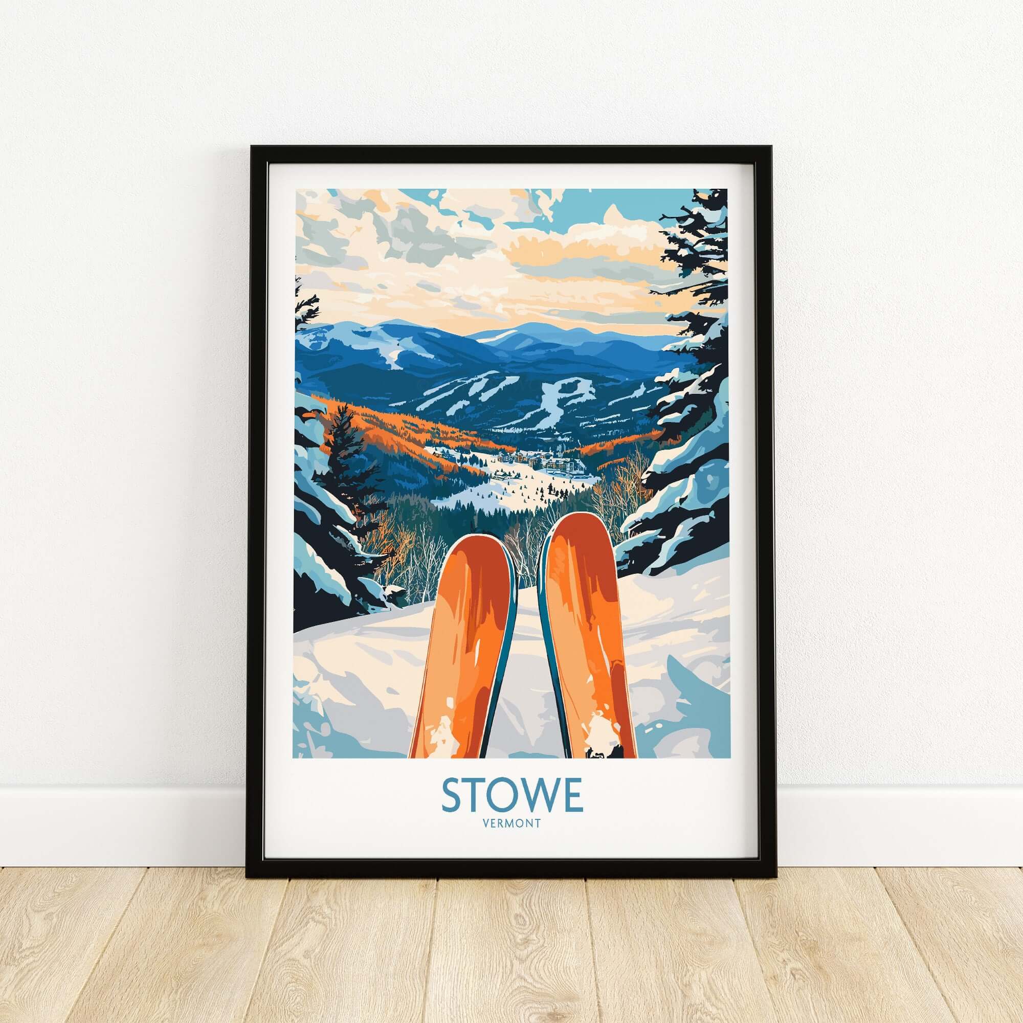 Stowe Valley ski wall art featuring vibrant winter landscape and skis in snow, perfect for ski season decor.