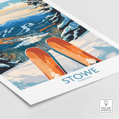 Stowe Valley Ski Wall Art print featuring vibrant winter landscape and ski equipment, perfect for ski season decor.