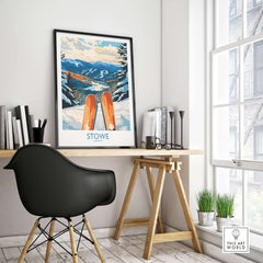 Stowe Valley ski wall art showcasing winter landscape print, ski decor in a cozy home office setting.