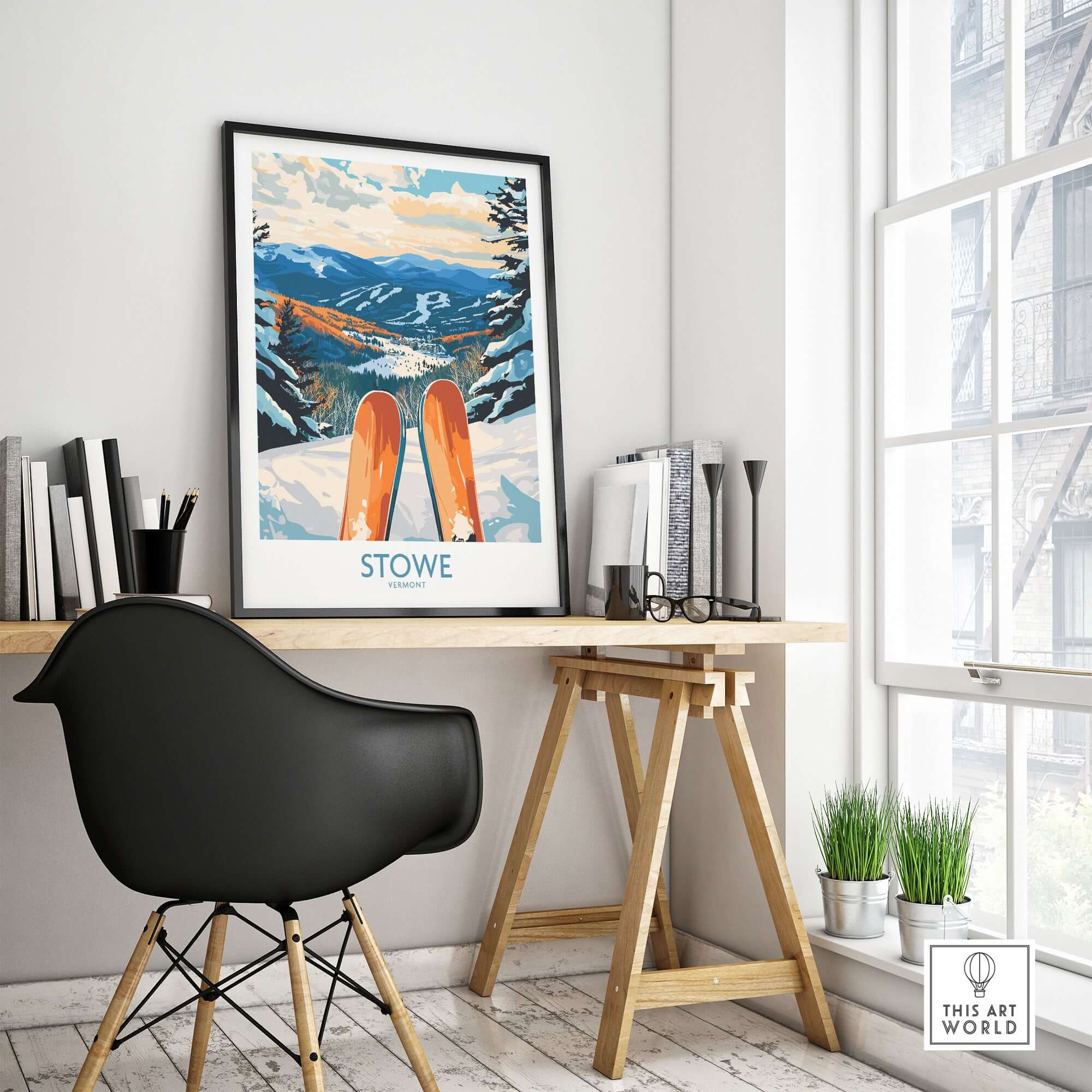 Stowe Valley ski wall art showcasing winter landscape print, ski decor in a cozy home office setting.