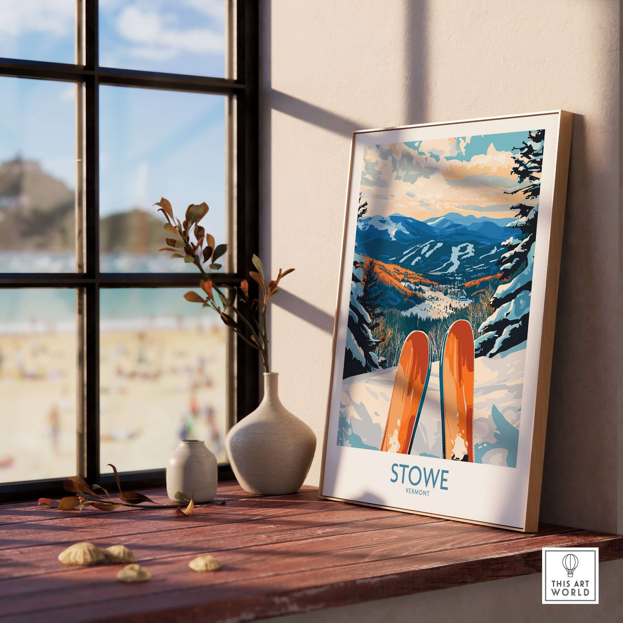 Stowe Valley Ski Wall Art featuring a vibrant winter landscape and skis, ideal for ski season decor.