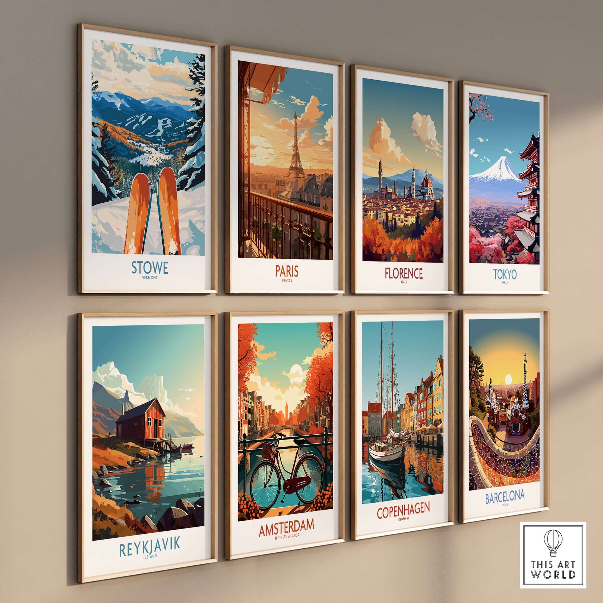 Collection of vibrant travel wall art prints featuring cities like Stowe, Paris, Florence, and Tokyo.
