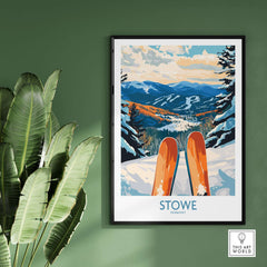 Stowe Valley ski wall art featuring vibrant winter landscape and skis, perfect for ski season decor.