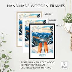 Stowe Valley ski wall art in handmade wooden frames, featuring vibrant winter landscape and skiing theme.