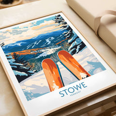 Stowe Valley ski wall art featuring vibrant winter landscape and ski gear, perfect for ski season decor.
