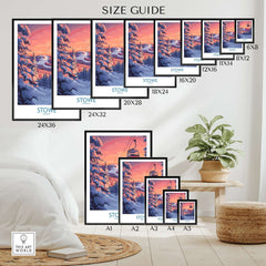 Stowe Vermont Ski Poster size guide showcasing various frame sizes and artwork dimensions for winter decor.