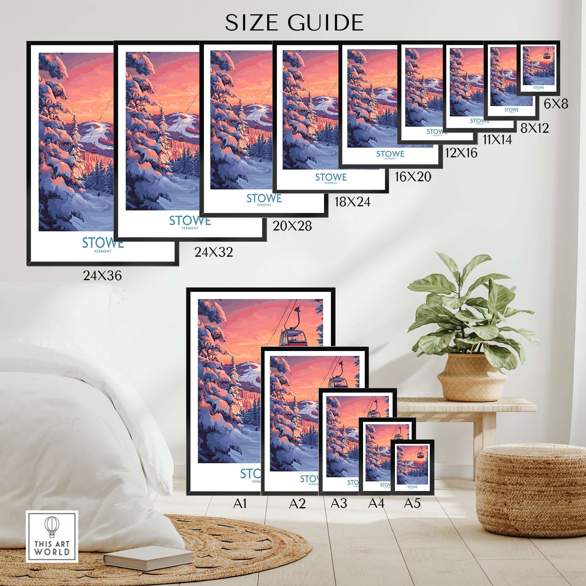 Stowe Vermont Ski Poster size guide showcasing various frame sizes and artwork dimensions for winter decor.