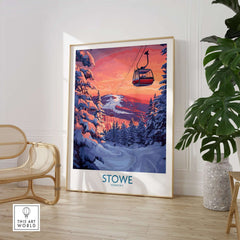 Stowe Vermont ski poster featuring a gondola in a vibrant winter sunset scene.