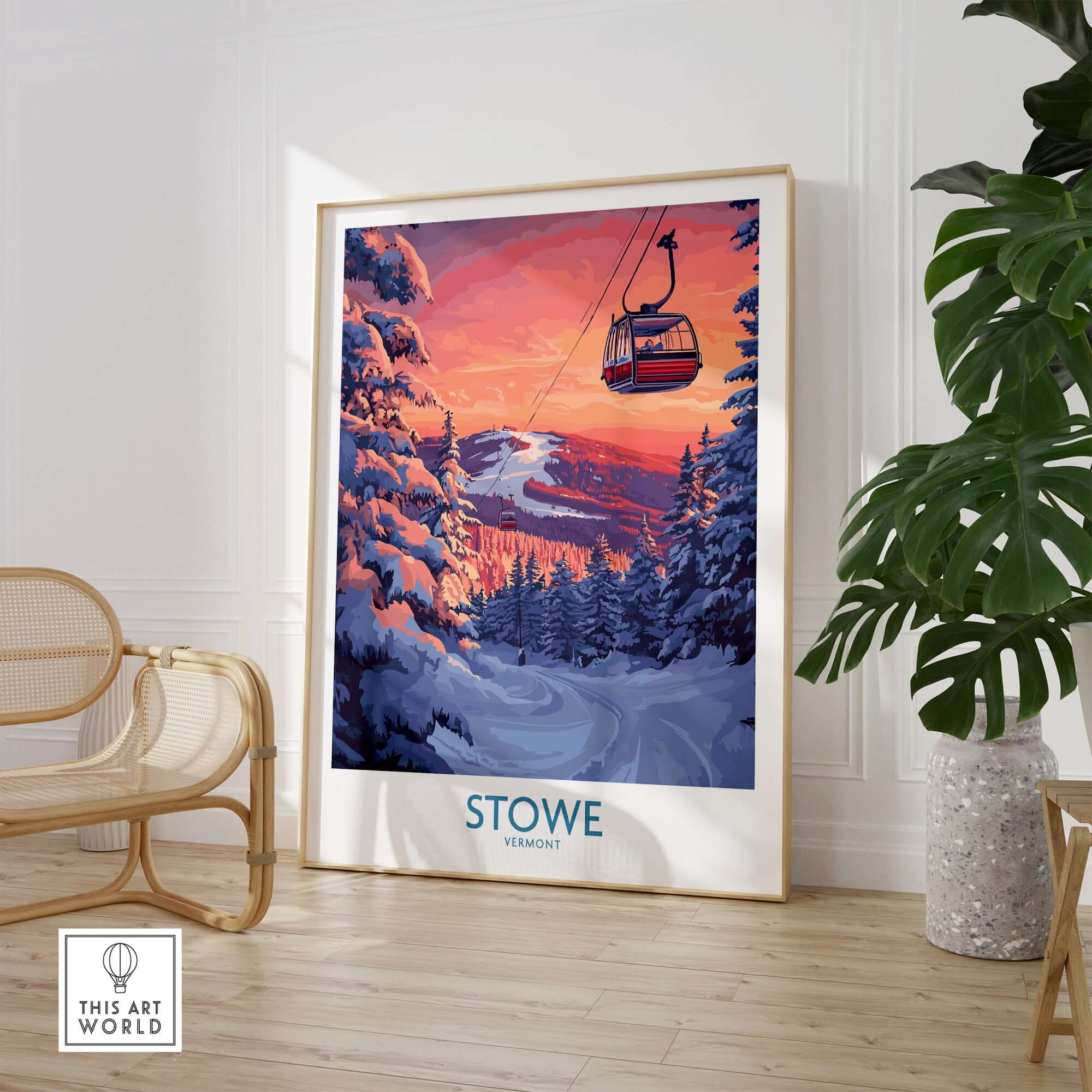 Stowe Vermont ski poster featuring a gondola in a vibrant winter sunset scene.