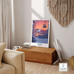 Stowe Vermont ski poster featuring a mountain gondola in a winter scene, perfect for winter decor.