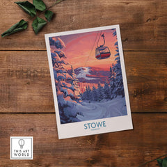 Stowe Vermont ski poster featuring a mountain gondola in a vibrant winter scene with snowy trees.