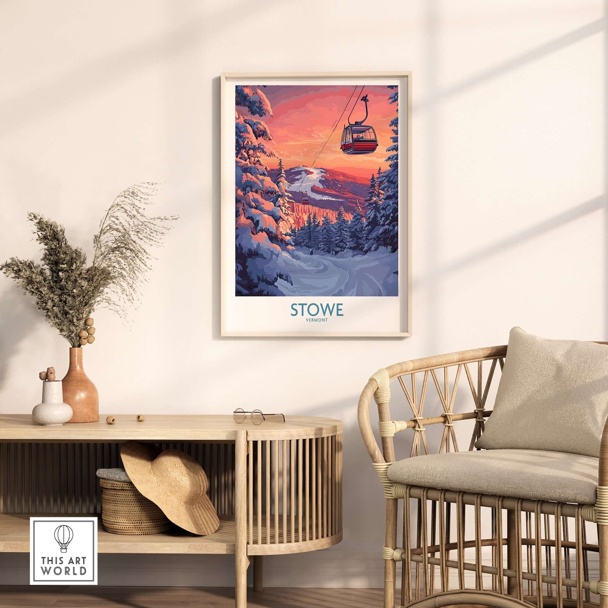 Stowe Vermont ski poster featuring a mountain gondola and vibrant winter sunset in a cozy home setting.