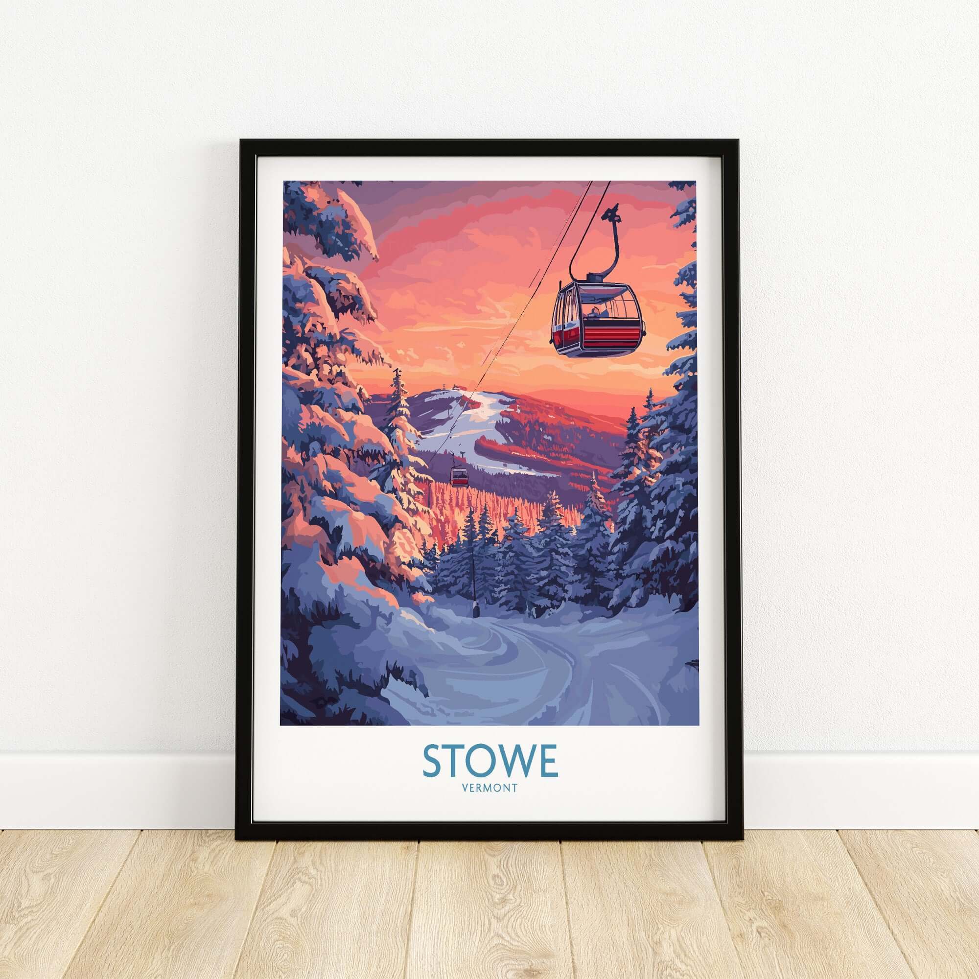 Stowe Vermont ski poster featuring a mountain gondola in a beautiful winter scene with vibrant sunset colors.