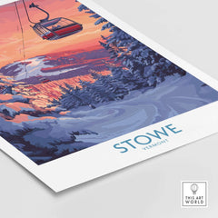 Stowe Vermont ski poster featuring a mountain gondola and vibrant winter landscape art print.