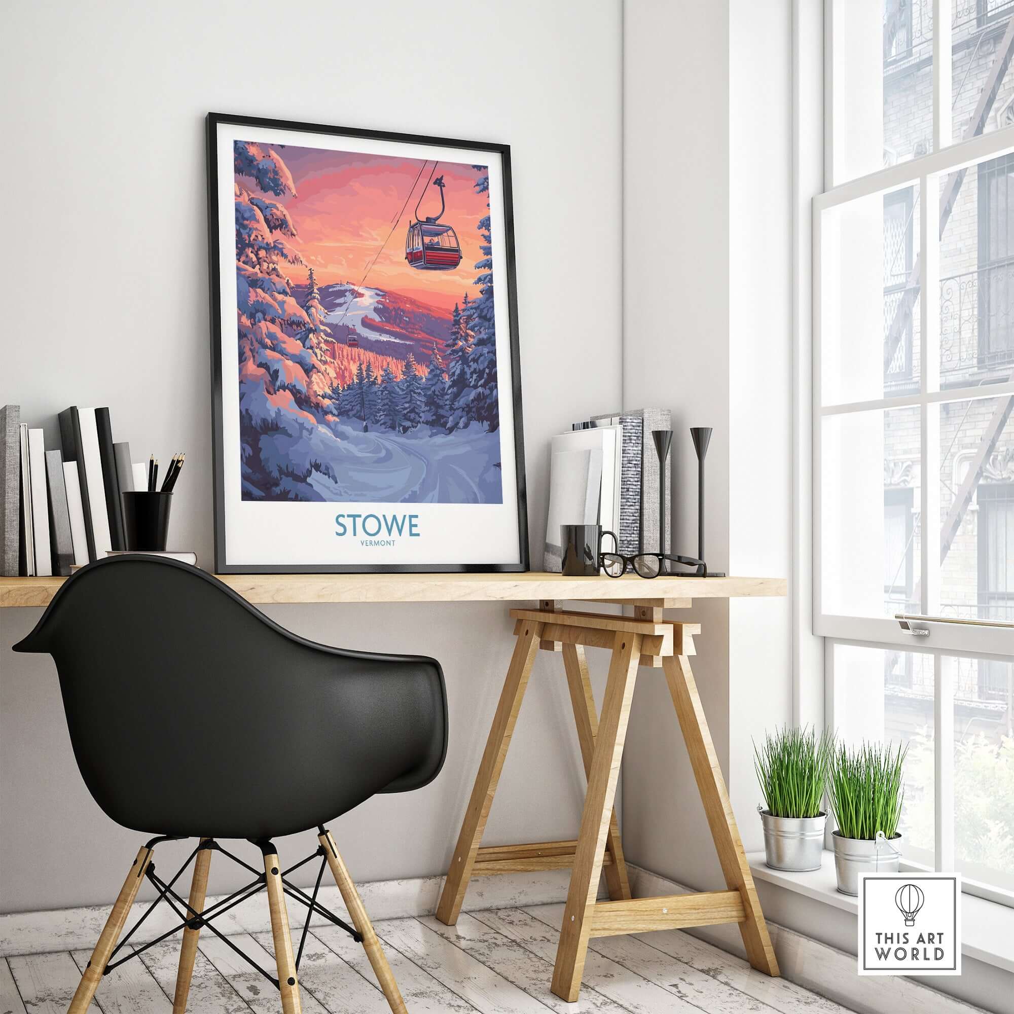Stowe Vermont ski poster featuring a mountain gondola in a winter landscape, ideal for ski enthusiasts and winter decor.