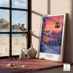 Stowe Vermont ski poster art print featuring a mountain gondola in a winter scene near a sunny beach.