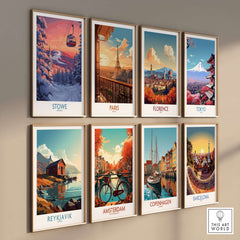 Gallery of travel posters featuring Stowe, Paris, Florence, Tokyo, Reykjavik, Amsterdam, Copenhagen, and Barcelona.