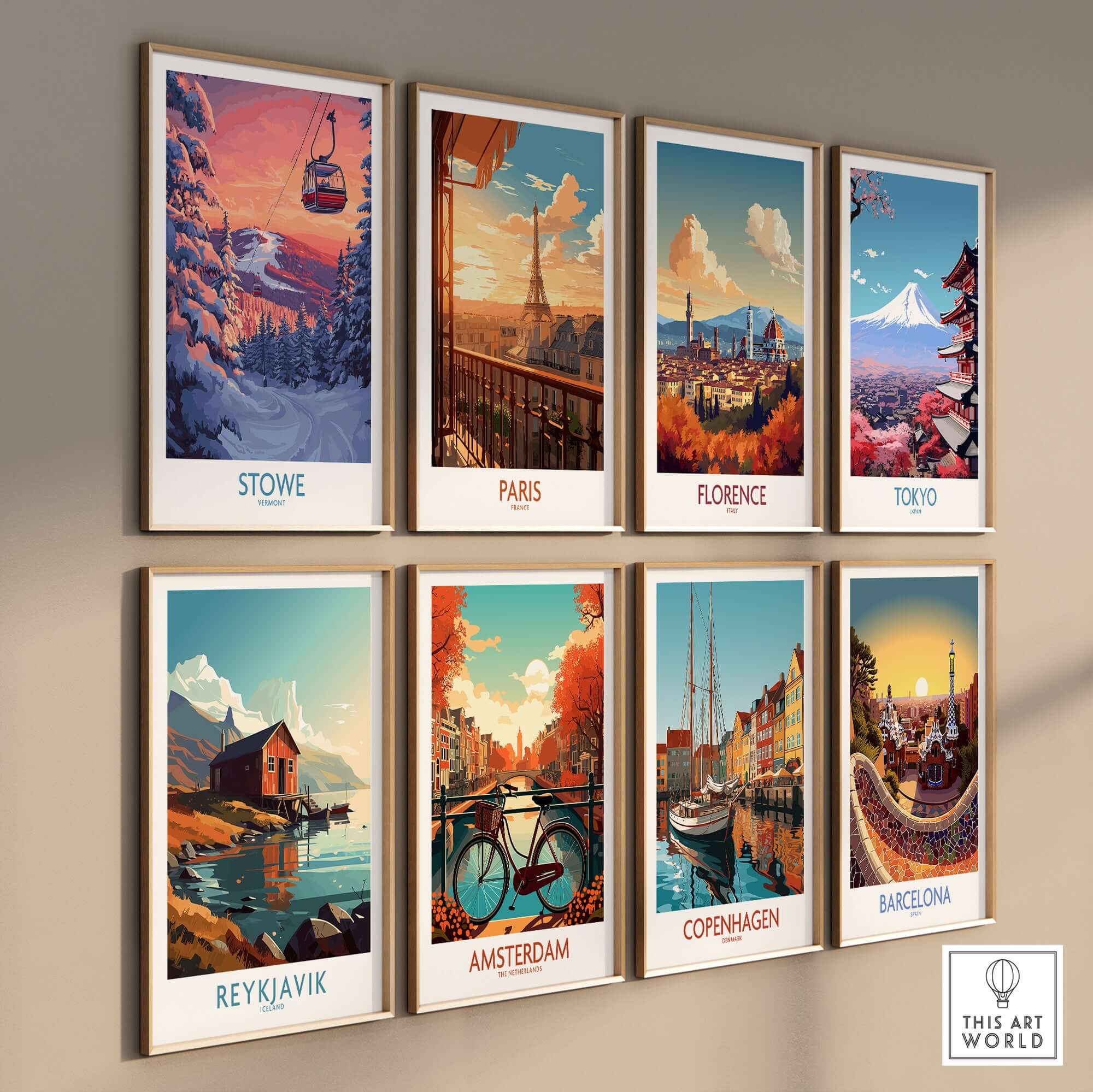 Gallery of travel posters featuring Stowe, Paris, Florence, Tokyo, Reykjavik, Amsterdam, Copenhagen, and Barcelona.
