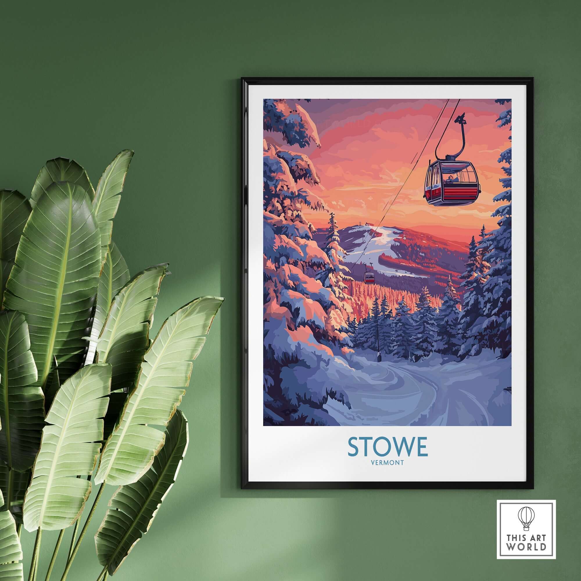 Stowe Vermont ski poster featuring a mountain gondola and vibrant winter landscape art print.