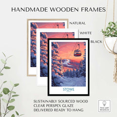Handmade wooden frames in natural, white, and black for Stowe Vermont ski poster art print.