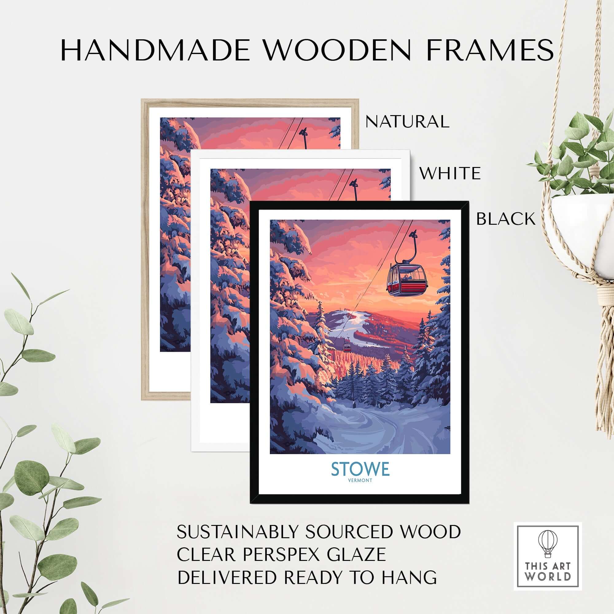 Handmade wooden frames in natural, white, and black for Stowe Vermont ski poster art print.