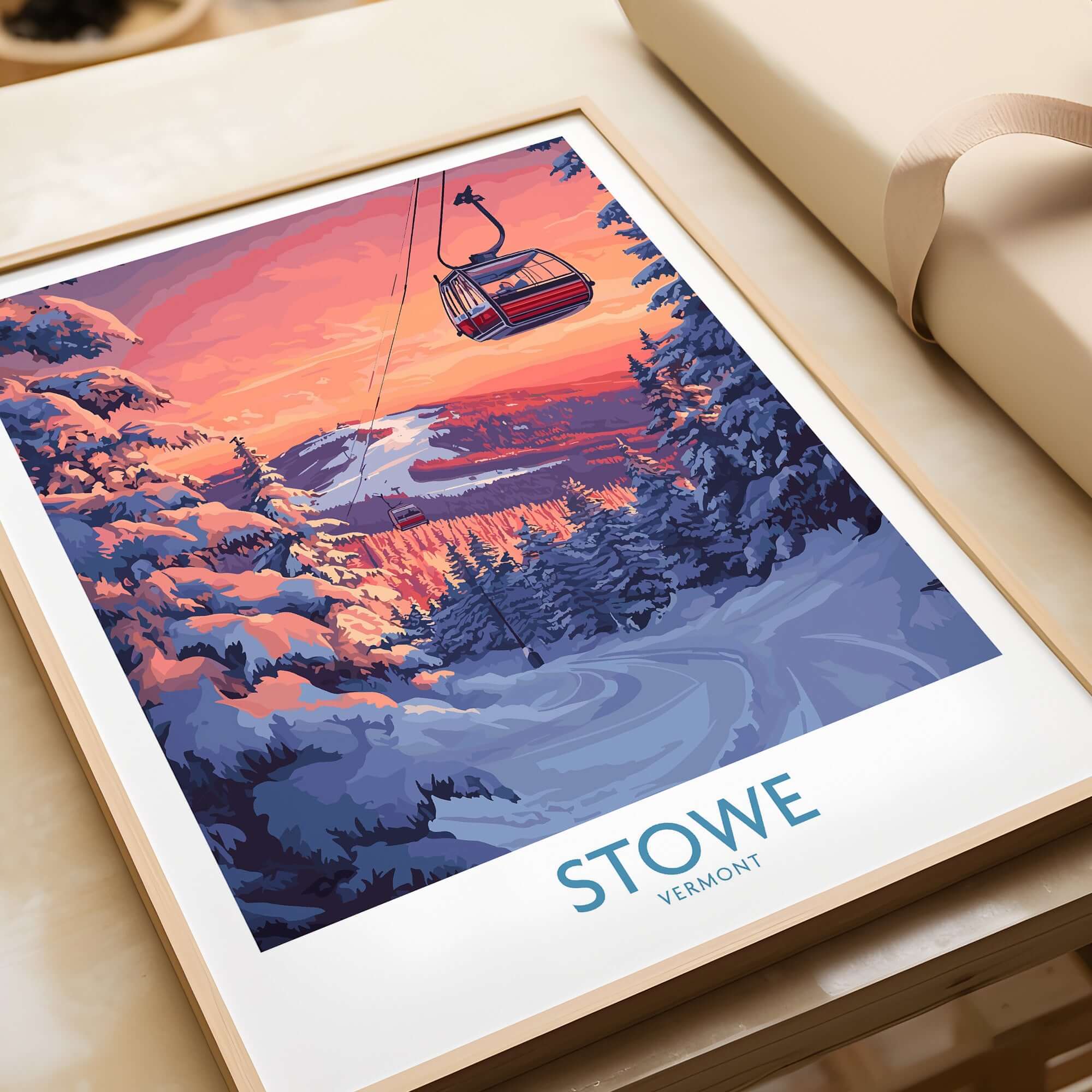 Stowe Vermont ski poster featuring mountain gondola and vibrant winter sunset scene.
