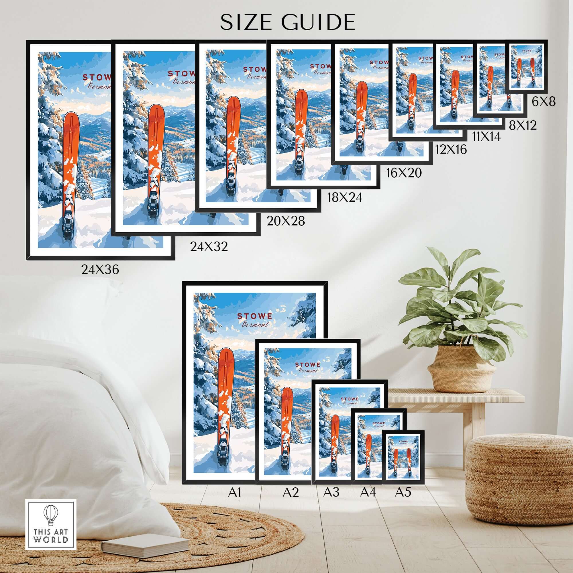 Size guide for Stowe Vermont ski print posters displayed in various sizes in a cozy room setting.