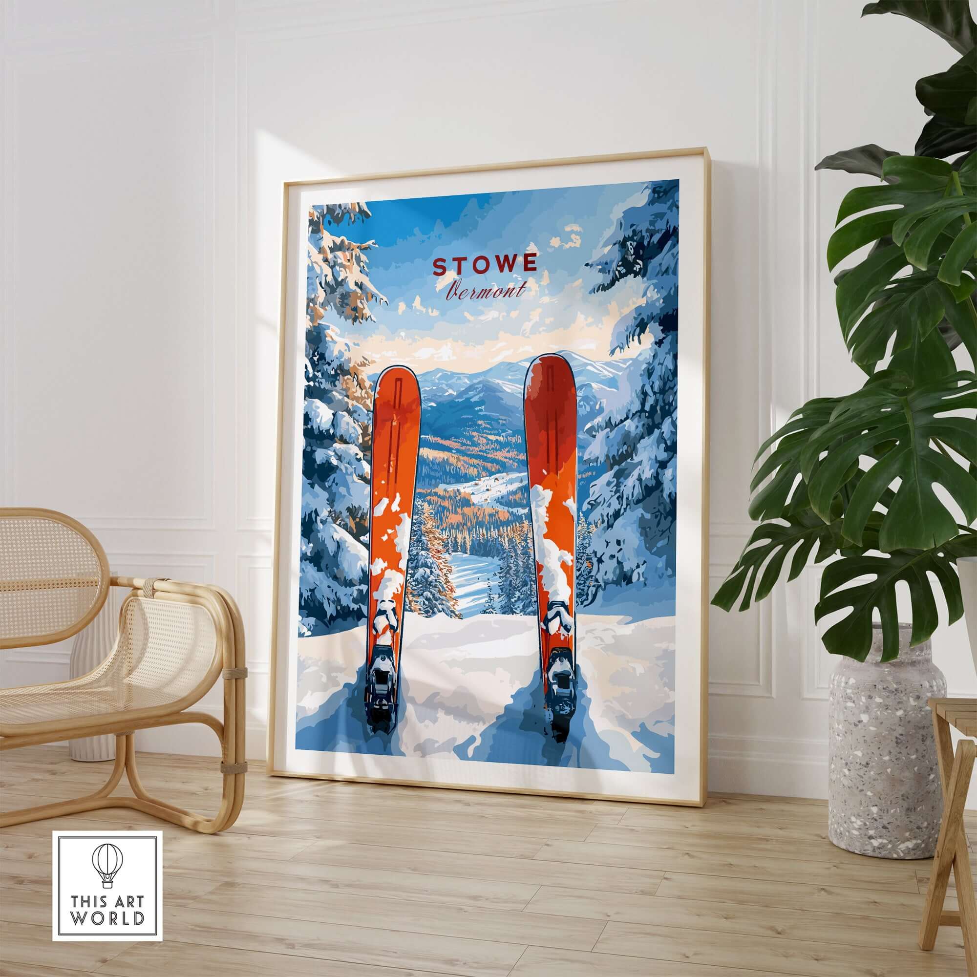 Stowe Vermont ski print featuring snowy mountains and ski poles, perfect wall decor for winter enthusiasts.