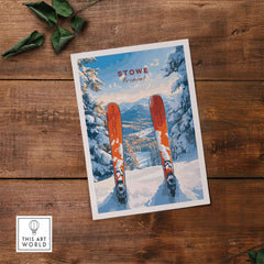Stowe Vermont ski print featuring snowy mountain scene and skiis, perfect for winter decor and ski enthusiasts.