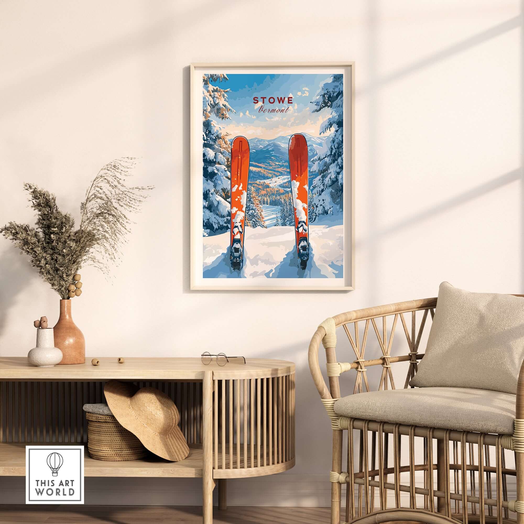 Stowe Vermont Ski Print featuring vibrant skis and snowy mountain scenery, perfect for skiing wall decor.